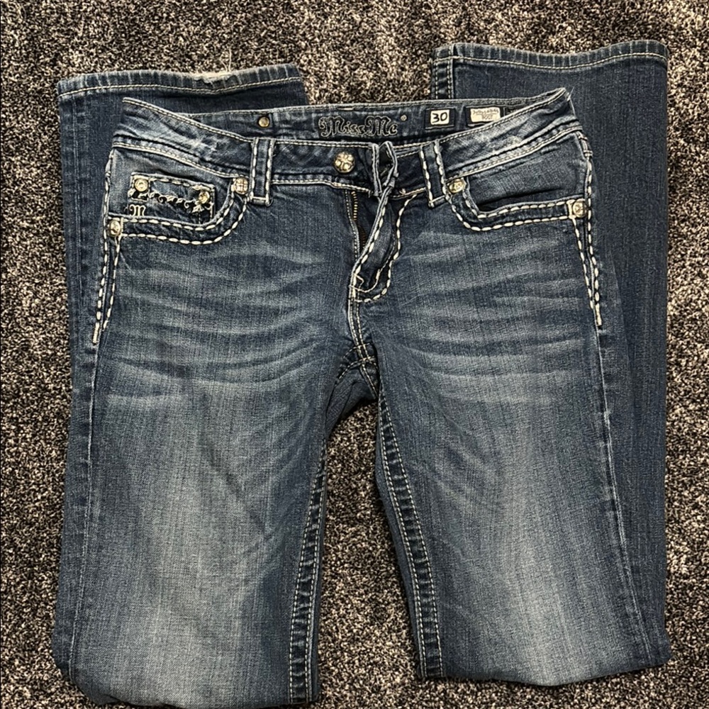Miss Me Blue Boot Cut Jeans with Vintage Wash and Decorative Stitching